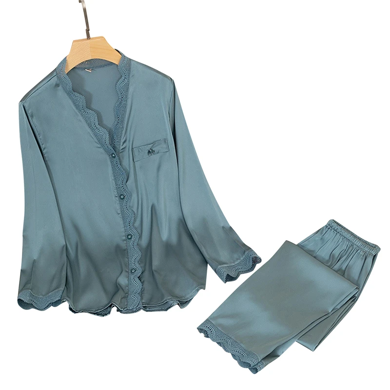 Women Pajamas Lace Patchwork V Neck Tops Long Sleeve Casual Pants 2 Piece Set Sleepwear Female Home Suit Sets Nightwear 
Women Pajamas Lace Patchwork V Neck Tops Long Sleeve Casual Pants 2 Piece Set Sleepwear Female Home Suit Sets Nightwear
