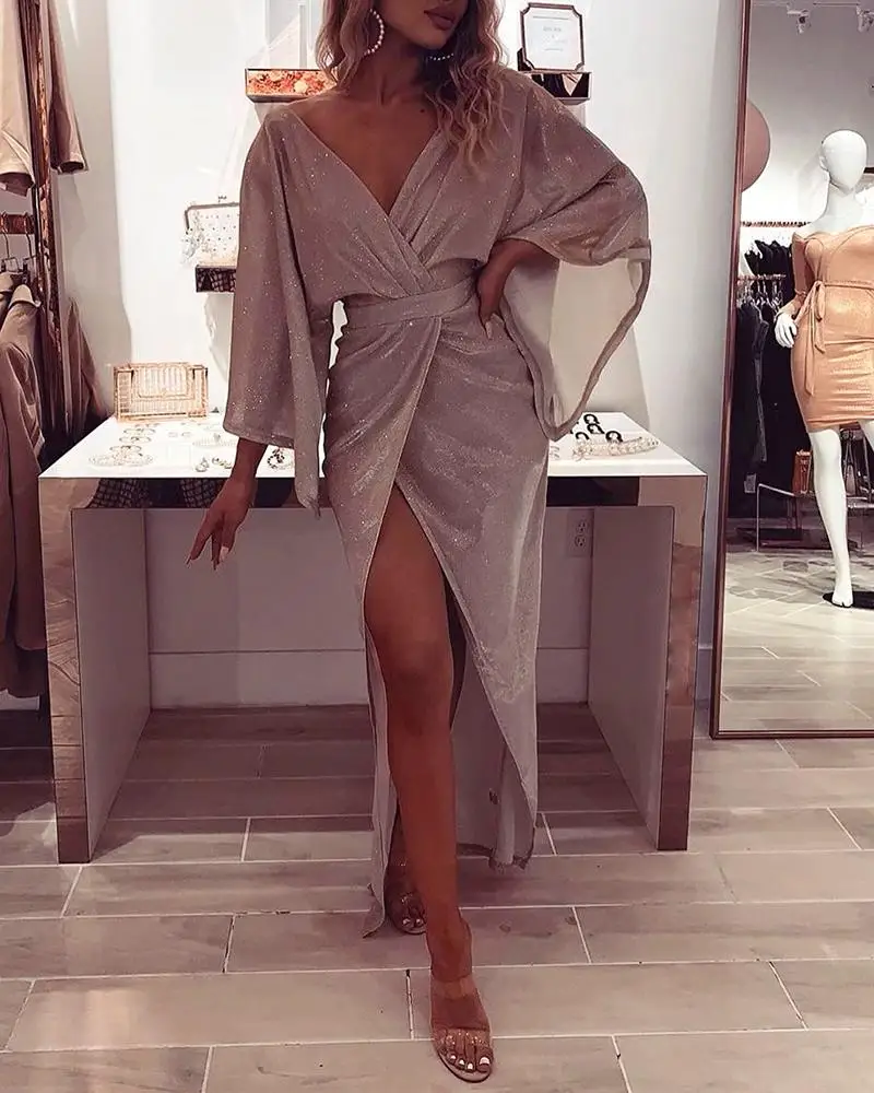 Glitter Plunge Long Sleeve Slit Dress Female Elegant Party Clubwear Maxi Elegant Dress Vestdios
Glitter Plunge Long Sleeve Slit Dress Female Elegant Party Clubwear Maxi Elegant Dress Vestdios