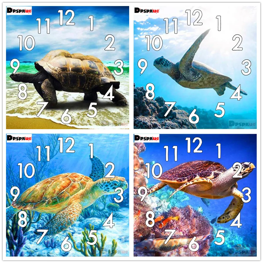 

Dpsprue Diamond Painting Cross Stitch Kit Turtle Christmas Gifts Clock Mechanism Mosaic 5D Diy Square Round 3d Embroidery Gift