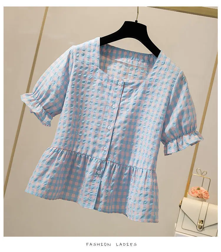 Plaid Shirt summer large women's wear versatile fat sister sweet Korean simple square collar shirt tops P3 369
Plaid Shirt summer large women's wear versatile fat sister sweet Korean simple square collar shirt tops P3 369
