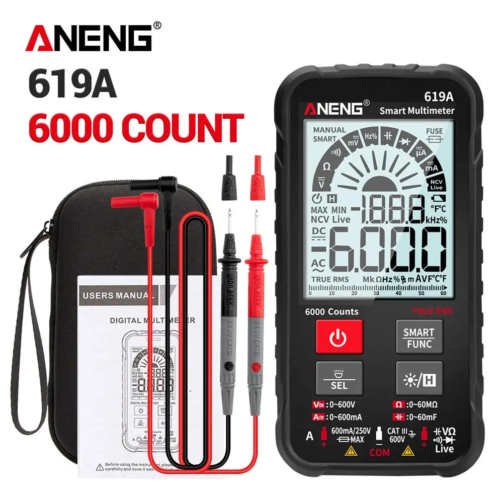 ANENG 619A Digital Multimeter Multimetro NCV Meter AC/DC Currents Voltage Testers True RMS 6000 Counts Professional Analog Bar
ANENG 619A Digital Multimeter Multimetro NCV Meter AC/DC Currents Voltage Testers True RMS 6000 Counts Professional Analog Bar