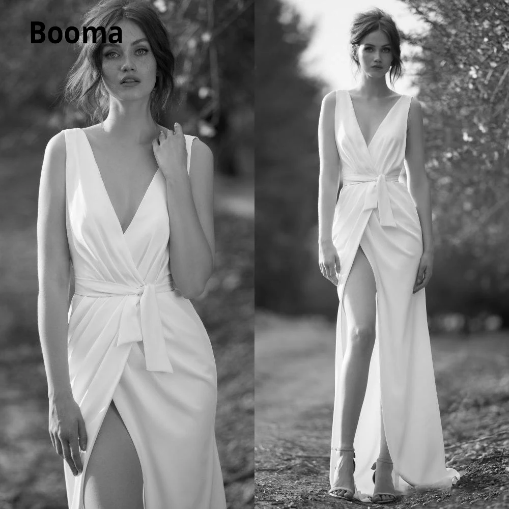 Booma Simpe Cheap Satin Wedding Dresses Boho 2019 V-neck Sleeveless Open Back Beach Bridal Gowns Vintage High Split Party Dress
Booma Simpe Cheap Satin Wedding Dresses Boho 2019 V-neck Sleeveless Open Back Beach Bridal Gowns Vintage High Split Party Dress