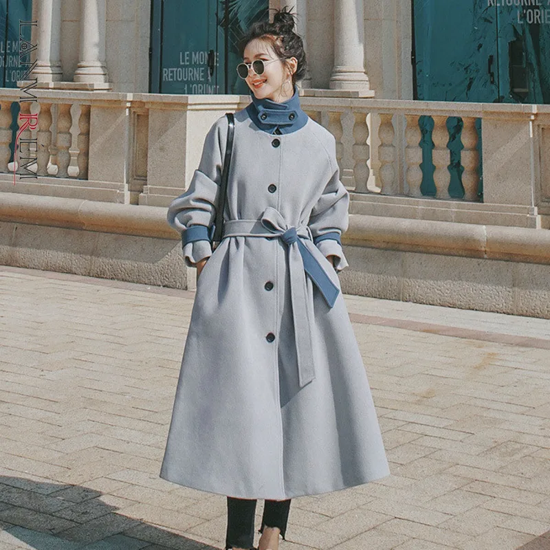 

Женское шерстяное пальто LANMREM, светло-голубое однобортное длинное теплое пальто с поясом, в стиле пэчворк, на осень-зиму 2021, 2A2303