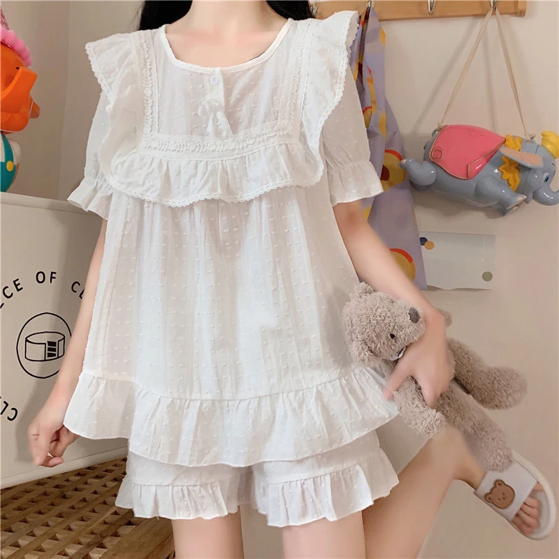 Soft Girl Cute Pajamas 2 Piece Set Summer Cotton Sweet Princess Short Sleeve Top Shorts Suit Palace Style Casual Home Wear Women
Soft Girl Cute Pajamas 2 Piece Set Summer Cotton Sweet Princess Short Sleeve Top Shorts Suit Palace Style Casual Home Wear Women