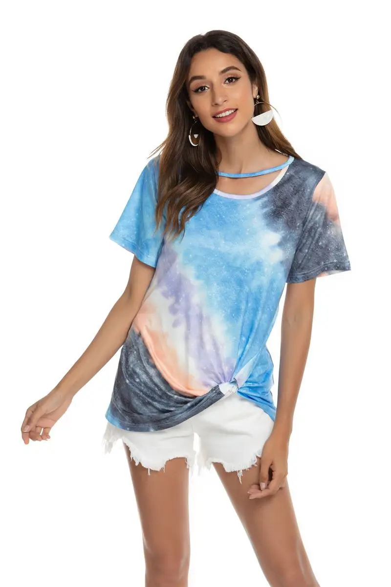 2021 new print gradient short sleeve hem knotted top T-shirt for women 
2021 new print gradient short sleeve hem knotted top T-shirt for women