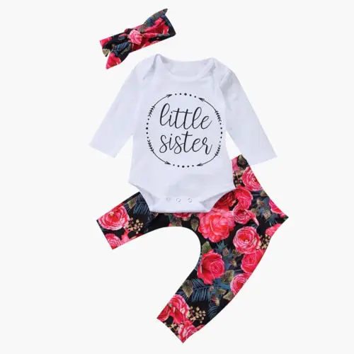 2017 New Cotton Newborn Baby Girls Little Sister Long Sleeve Tops Romper Flower Pants 3Pcs Outfits Set Clothes 0-18M
2017 New Cotton Newborn Baby Girls Little Sister Long Sleeve Tops Romper Flower Pants 3Pcs Outfits Set Clothes 0-18M