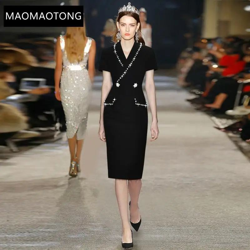 Women's Clothing Summer Fashion Designer Black Sheath Dress Women Notched Short Sleeve Beading Lady Office Bodycon Midi Dress
Women's Clothing Summer Fashion Designer Black Sheath Dress Women Notched Short Sleeve Beading Lady Office Bodycon Midi Dress