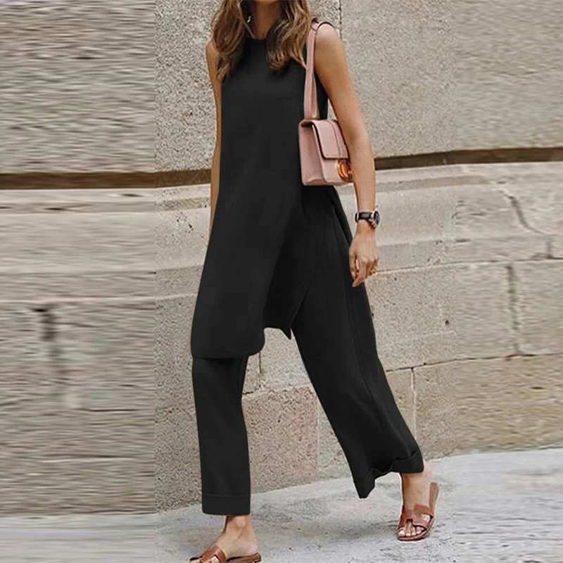 Женский однотонный комплект из двух предметов, топ с круглым вырезом и брюки, Повседневная Уличная одежда, элегантные офисные комплекты без... 
Женский однотонный комплект из двух предметов, топ с круглым вырезом и брюки, Повседневная Уличная одежда, элегантные офисные комплекты без...