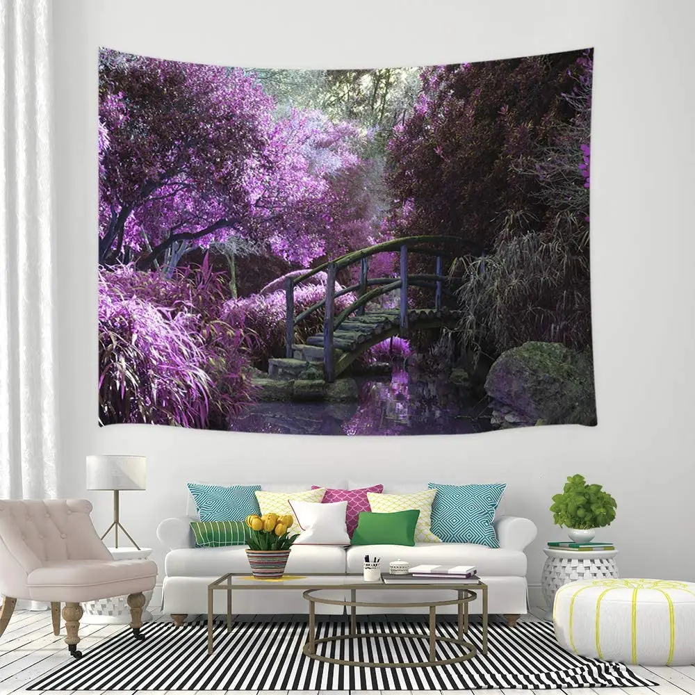 

Nature Landscape Tapestry Blooming Purple Flowers Psychedelic Forest with Rustic Bridge Wall Hanging Tapestries for Home Decor