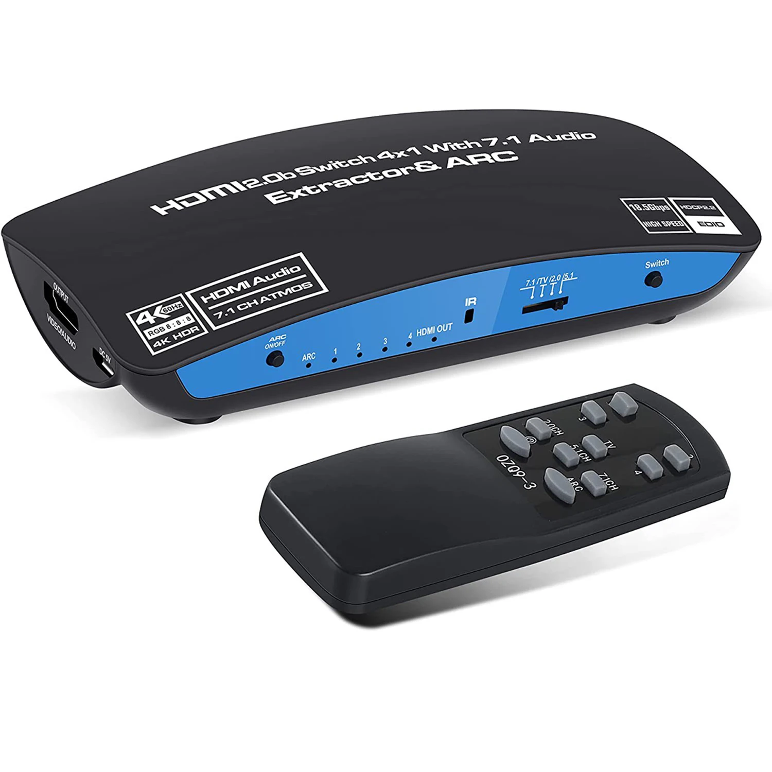 HDMI switcher 4 in 1 out HDMI audio separation +ARC support Dolby Atmos 4K60HZ 7.1 channel
HDMI switcher 4 in 1 out HDMI audio separation +ARC support Dolby Atmos 4K60HZ 7.1 channel