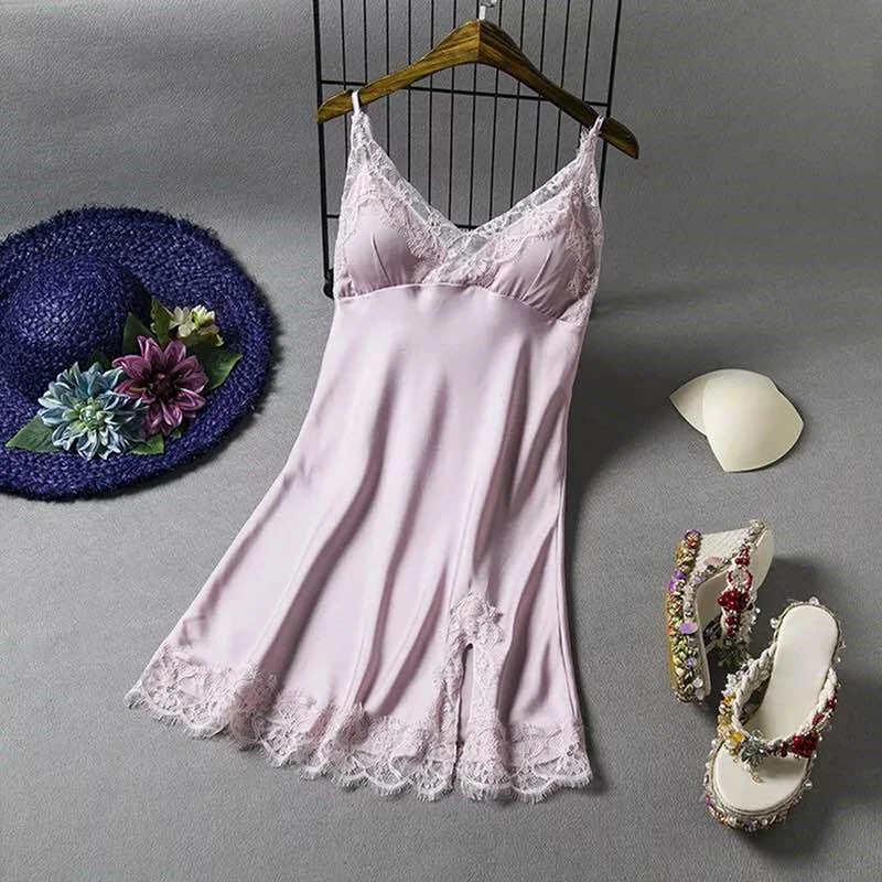 High Quality Women's Sexy Sling Lace Spliced Nightgowns Dress Spaghetti Strap Thin Sleepwear Chest Pad V-Neck Solid Nightdress
High Quality Women's Sexy Sling Lace Spliced Nightgowns Dress Spaghetti Strap Thin Sleepwear Chest Pad V-Neck Solid Nightdress