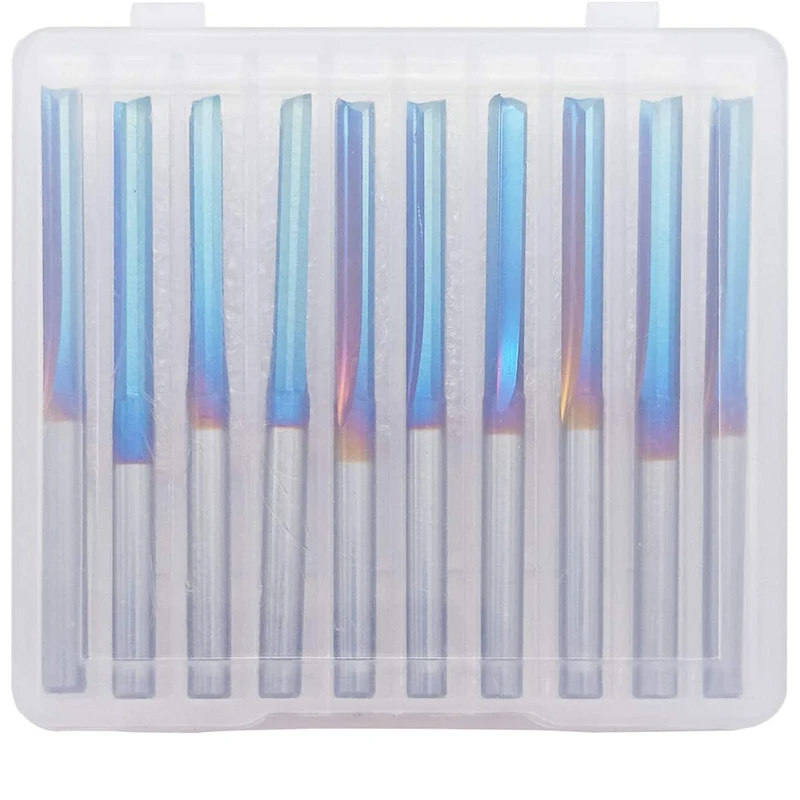 10Pcs 3.175mm Blue Coated Straight End Mill 2 Flute Carbide Milling Cutter for Wood MDF Plastic CNC Engraving Bit
10Pcs 3.175mm Blue Coated Straight End Mill 2 Flute Carbide Milling Cutter for Wood MDF Plastic CNC Engraving Bit
