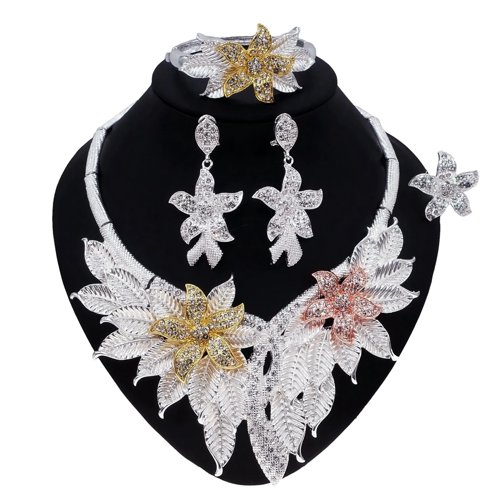

Yulaili Flower Crystal Necklace Earrings Bracelet Ring Women Nigerian Wedding Bride Jewelry Sets Dubai Jewelery Set Addiction