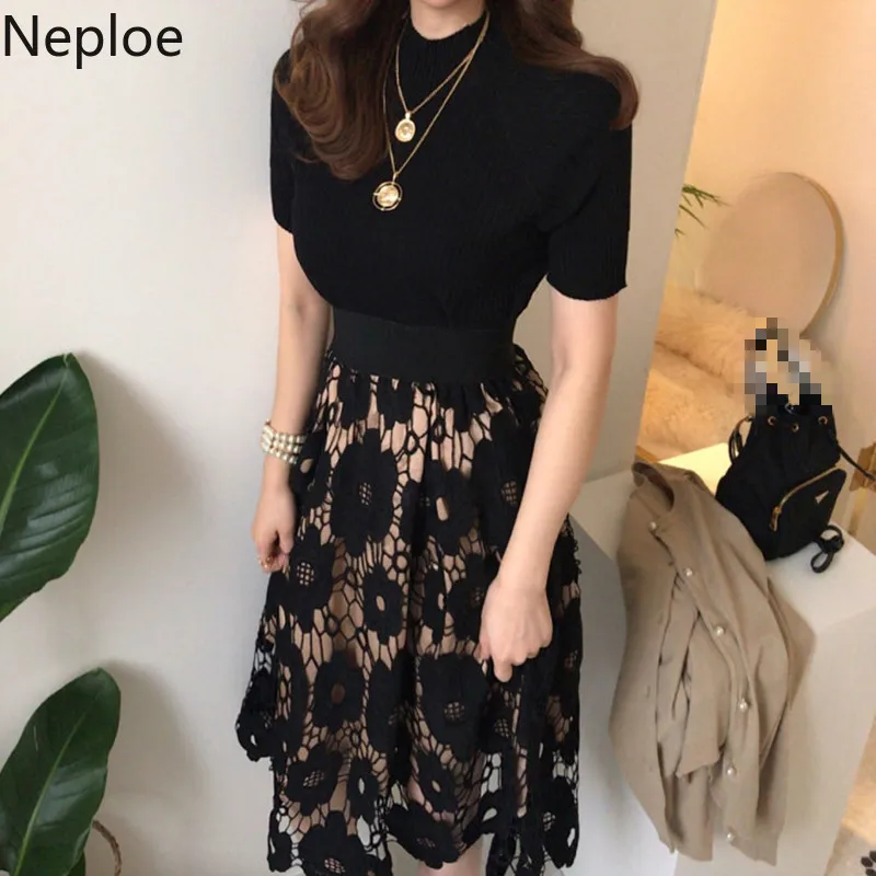 Neploe Korean Retro 2 Pcs Women Set O Neck Knit Pit Skinny Top + High Waist Hip Lace Hook Flower Skirt Summer Holiday Suit 49490 | Женская