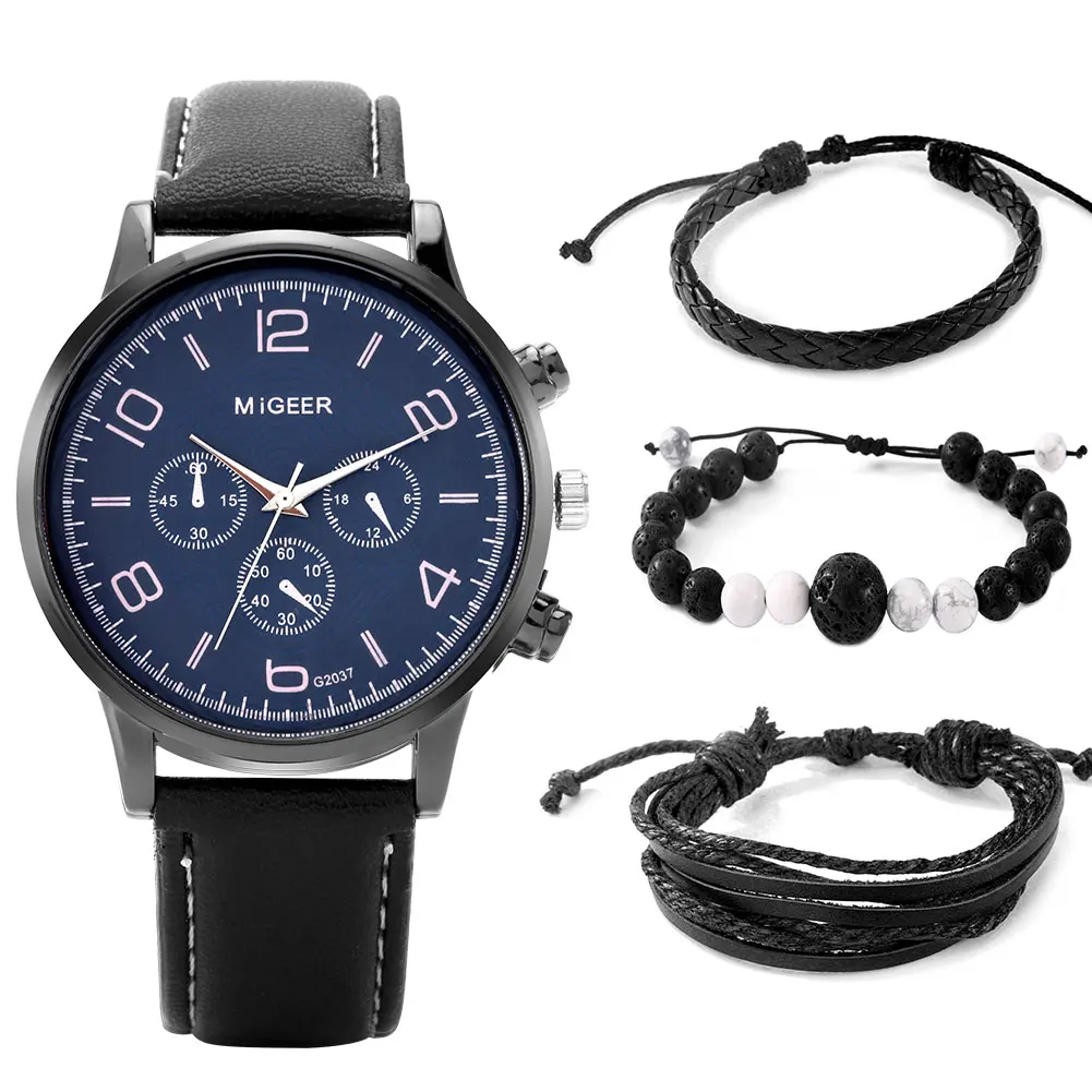 Watch Bracelet Gift Set Men Fashionable Blue Quartz Dial Leather Strap Black Woven Bracelets Anniversary Present for Husband
Watch Bracelet Gift Set Men Fashionable Blue Quartz Dial Leather Strap Black Woven Bracelets Anniversary Present for Husband