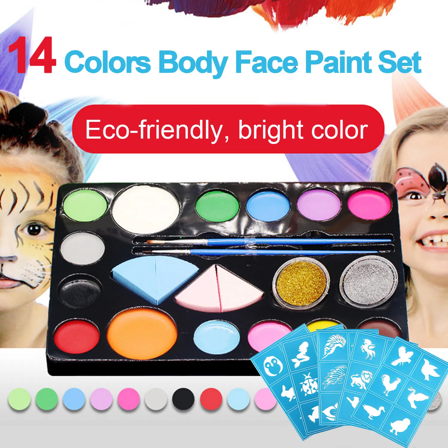 Body Face Painting Paint Kit Include 14 Color 2 Glitter 2 Brush 4 Sponge 2 Sheet Acrylic Sticker for Easter Cosplay Party Makeup
Body Face Painting Paint Kit Include 14 Color 2 Glitter 2 Brush 4 Sponge 2 Sheet Acrylic Sticker for Easter Cosplay Party Makeup