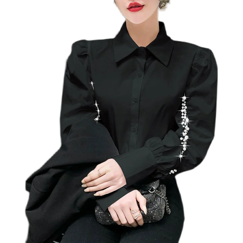 COIGARSAM Casual Full Sleeve Shirt Womens tops Spring Solid Loose Pleated Turn-down Collar Pearl Women shirts White Black 642
COIGARSAM Casual Full Sleeve Shirt Womens tops Spring Solid Loose Pleated Turn-down Collar Pearl Women shirts White Black 642