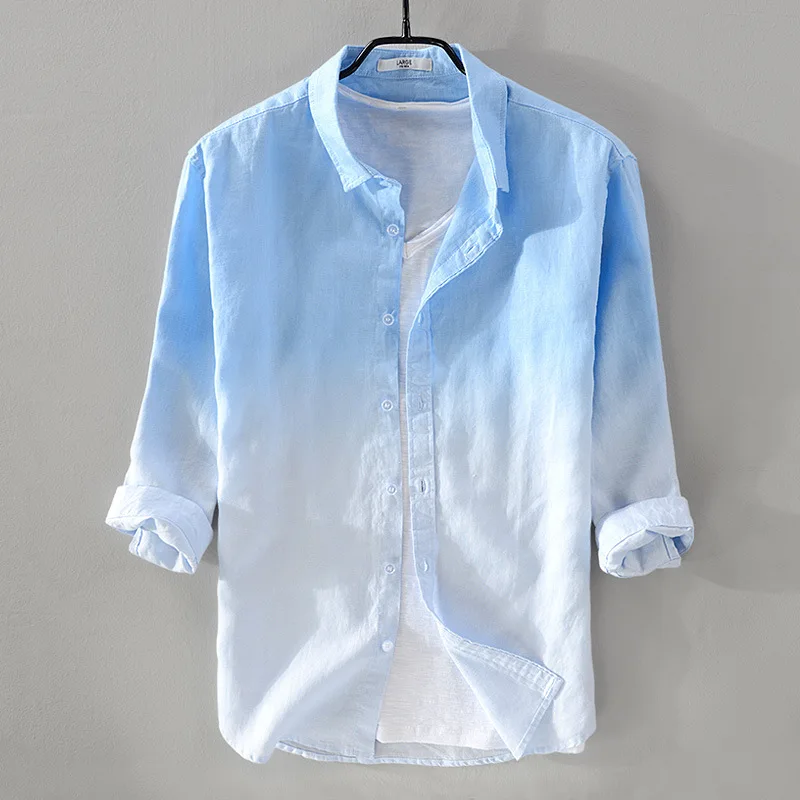 

100% Linen Breathable Soft Refreshing Shirt Original Japan Harajuku Style Gradient Casual Simple Plain Streetwear Cool Top Shirt