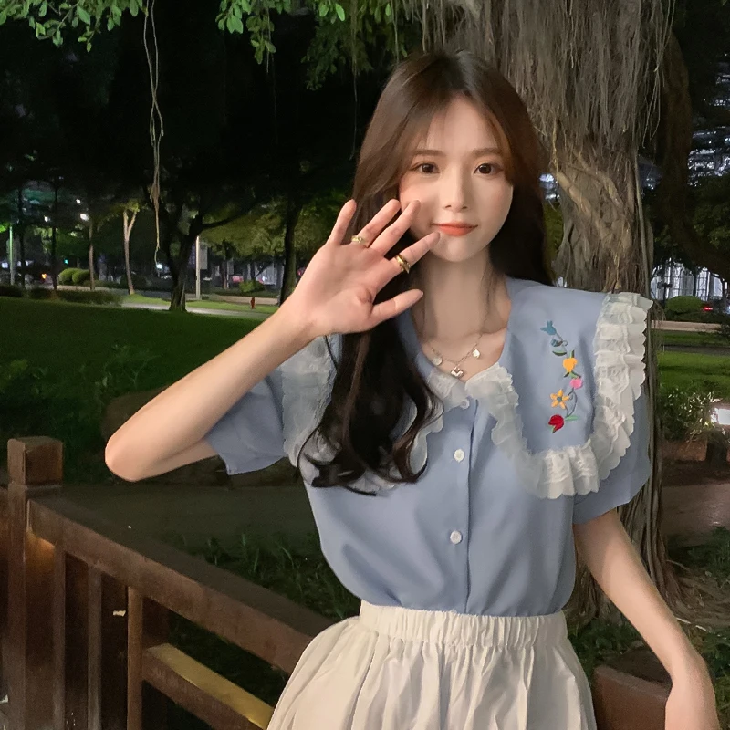 Korean Summer Preppy Style Women Blouse Shirt Vintage Lace Peter Pan Collar Sweet Flower Embroidery Shorts Sleeve Student Shirt
Korean Summer Preppy Style Women Blouse Shirt Vintage Lace Peter Pan Collar Sweet Flower Embroidery Shorts Sleeve Student Shirt