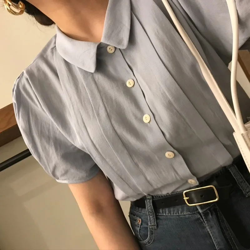 Summer Blouse Women Short Sleeve Single Breasted Turn Down Collar Solid Color Ladies Tops Elegant Casual Blusas Mujer 2021
Summer Blouse Women Short Sleeve Single Breasted Turn Down Collar Solid Color Ladies Tops Elegant Casual Blusas Mujer 2021