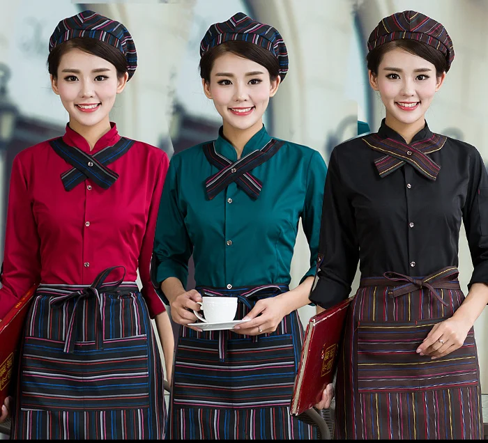 

Full Sets Restaurant Waiter Uniform Hat+Shirt+Apron Coffee Shop Waitress Uniform Men Cook Clothing Hotel Bakery Work Wear