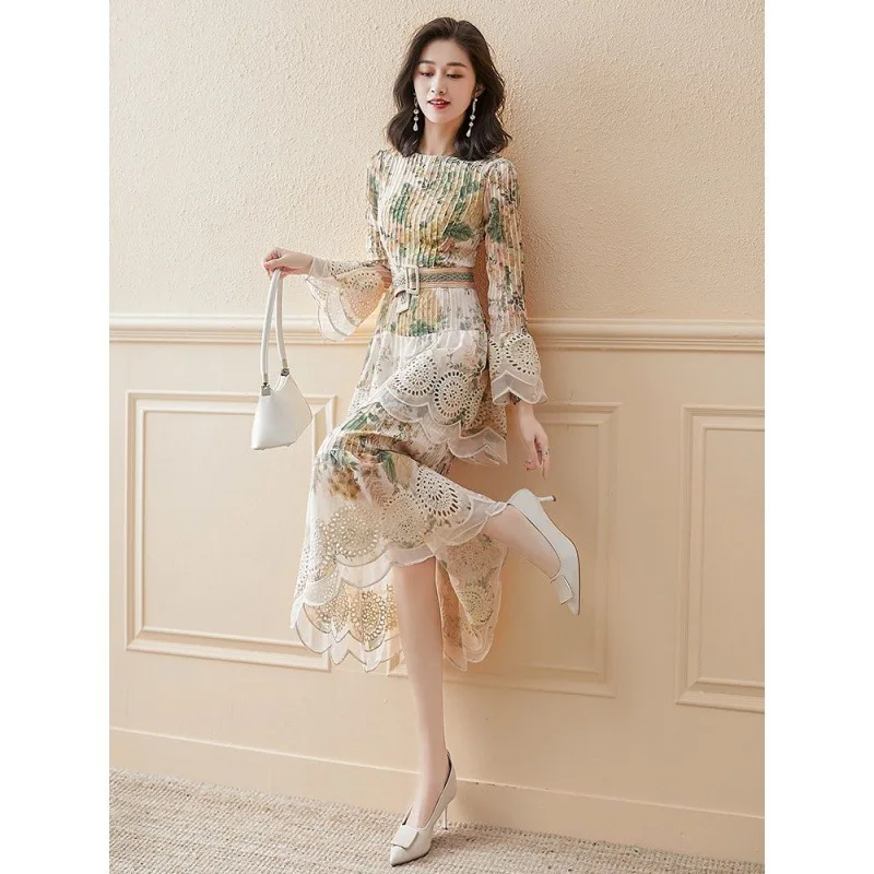 

Новинка 2021, французское платье с цветочным принтом, весеннее шифоновое высококачественное нежное приталенное Деловое платье для женщин и в...