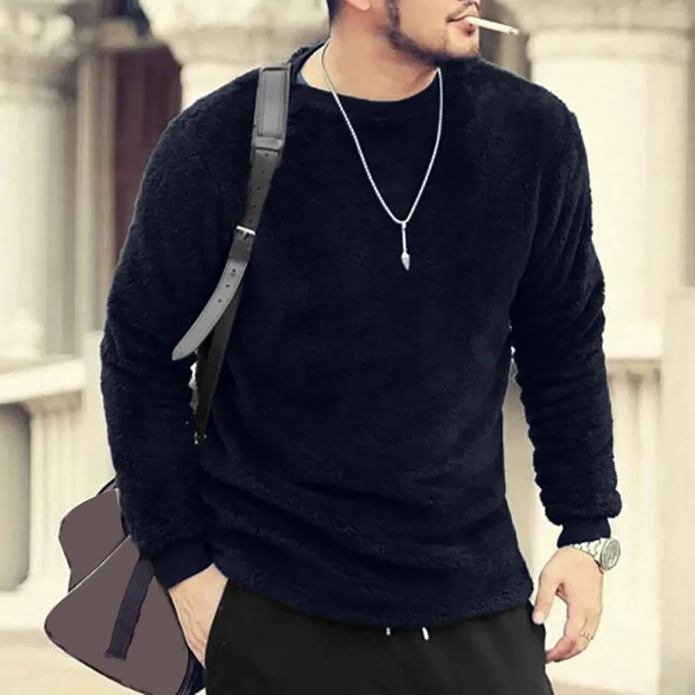 Men Autumn Winter Casual T-shirt Long Sleeve O-Neck Loose Double-Sided Plush Tops 2020 Polyester T Shirt Male Clothing Hot Sale | Мужская