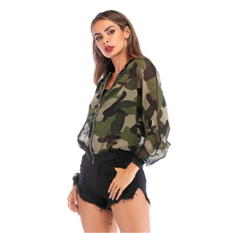 Thin Spring Summer Women Coat Sunscreen camouflage colour Female Crop Top See-through Lady Jacket 
Thin Spring Summer Women Coat Sunscreen camouflage colour Female Crop Top See-through Lady Jacket