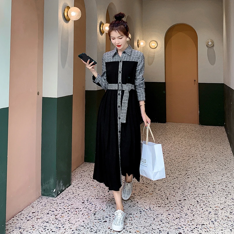 Women Fashion Splice Plaid Dress Spring Autumn Long Sleeve Lapel Slim Casual Elegant Korean High Waist Long Dress with Belt
Women Fashion Splice Plaid Dress Spring Autumn Long Sleeve Lapel Slim Casual Elegant Korean High Waist Long Dress with Belt