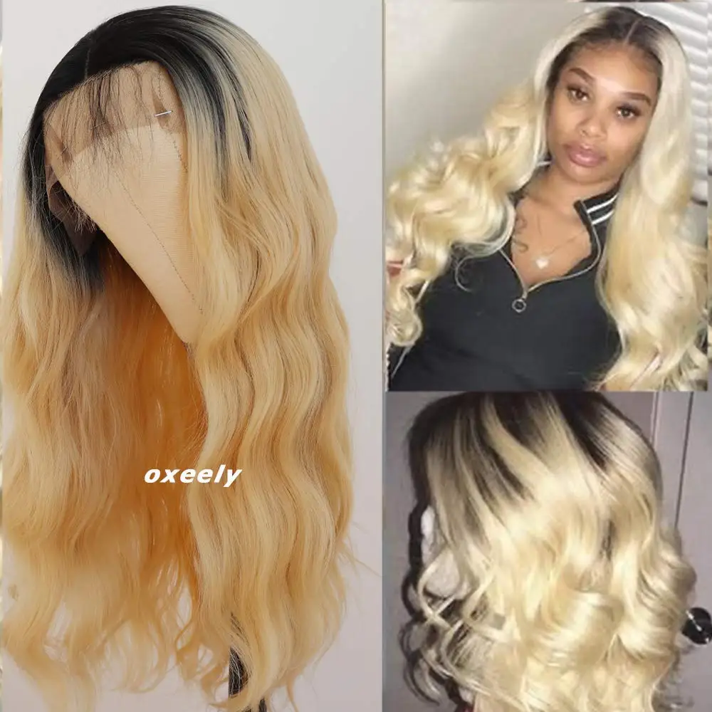

Oxeely Body Wave Ombre 613 Blonde Hair Wigs Synthetic Lace Front Wig Glueless Long Wavy Soft HairDark Roots Wigs With Baby Hair