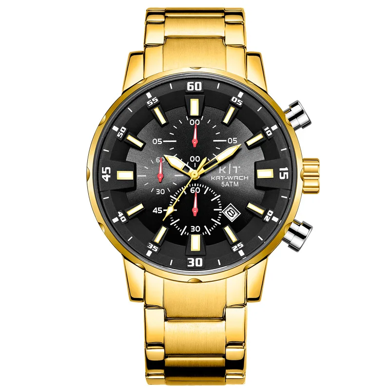 KAT-WACH хронограф Для мужчин спортивные часы для золотые 50 м Водонепроницаемый