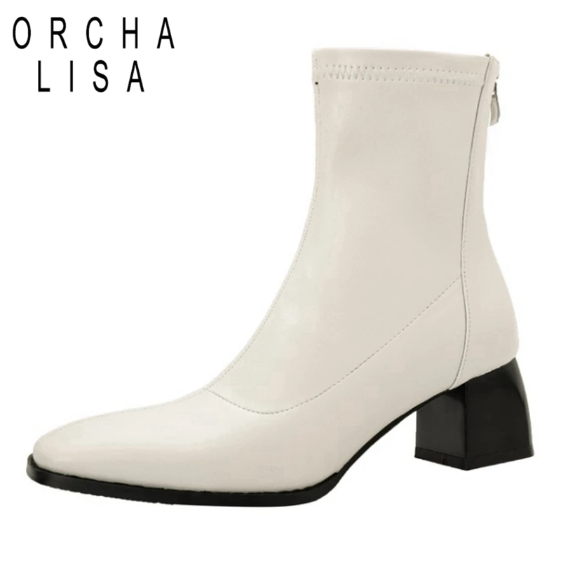 

ORCHALISA 2021 New Designer Brand Ankle Boots for Women Stretchy Sock Bootie Zip Round Toe Square Low Heel Black White 43 S2426