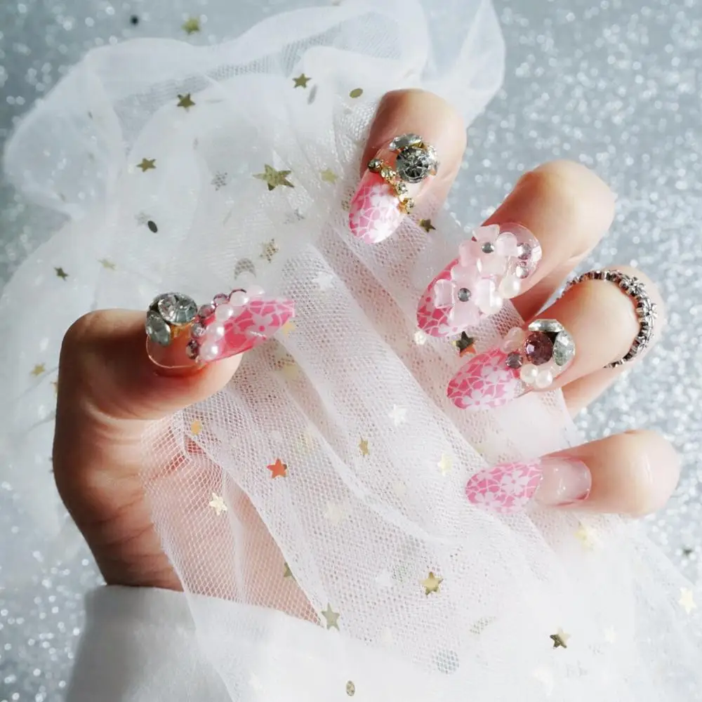 24 pieces (Pre-glue) Pink Flower Manicure 3D Rhinestone Glitters Decoration Long Fake false Acrylic Sticker Nail Tip With Glue
24 pieces (Pre-glue) Pink Flower Manicure 3D Rhinestone Glitters Decoration Long Fake false Acrylic Sticker Nail Tip With Glue