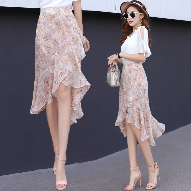 Women Floral Print Chiffon Knee-length Skirts Summer Women's Elegant Irregular Ruffles High Waist A-line Holiday Chic Skirt X405
Women Floral Print Chiffon Knee-length Skirts Summer Women's Elegant Irregular Ruffles High Waist A-line Holiday Chic Skirt X405