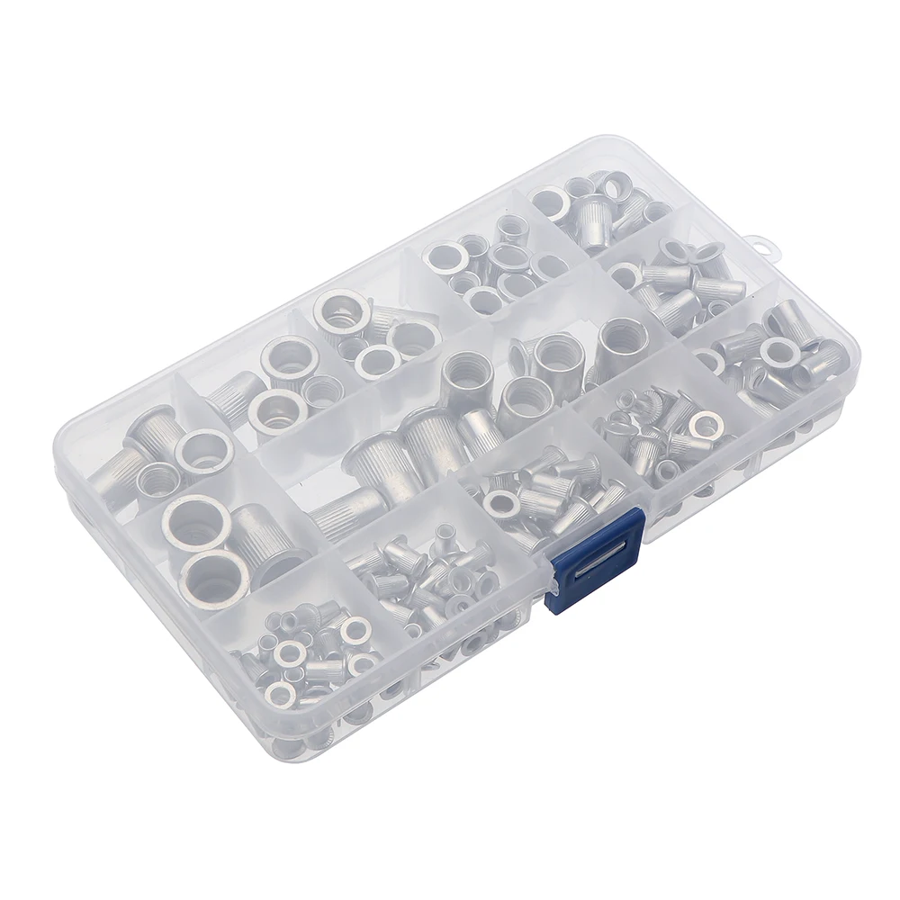 

165pcs M3 M4 M5 M6 M8 M10 Mix Size Rivet Nuts Set Aluminum Flat Head Rivet Nuts Insert Rivets with Plastic Box Hardware Parts