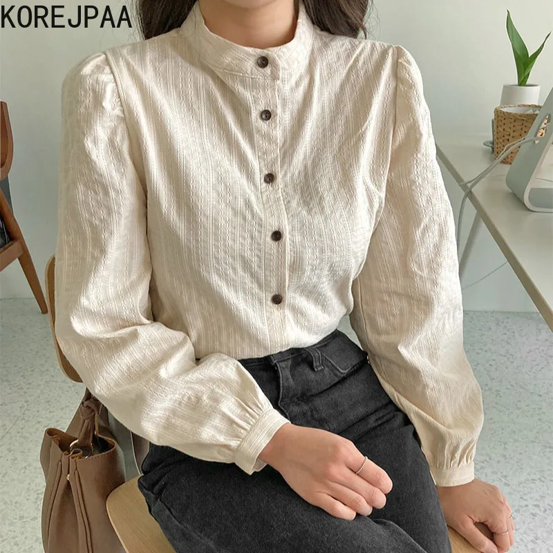 Korejpaa Women Shirts Autumn Elegant Stand Collar Single Breasted Puff Sleeve Chic Blouse Female Korea Fashion Tops Mujer
Korejpaa Women Shirts Autumn Elegant Stand Collar Single Breasted Puff Sleeve Chic Blouse Female Korea Fashion Tops Mujer