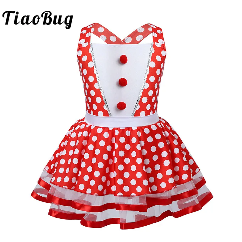 

TiaoBug Kids Polka Dots Red Mesh Tutu Ballet Dress Girls Skirted Gymnastics Leotard Stage Performance Christmas Dance Costume