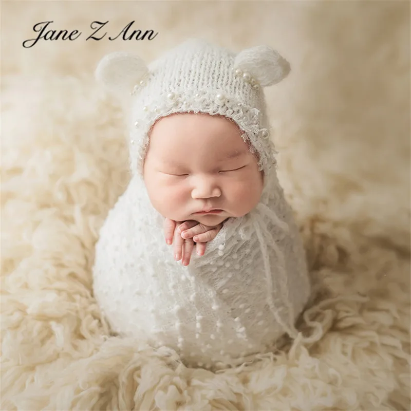 

Jane Z Ann Newborn baby white mohair bear ears pearl hat studio shooting accessories photography prop cap