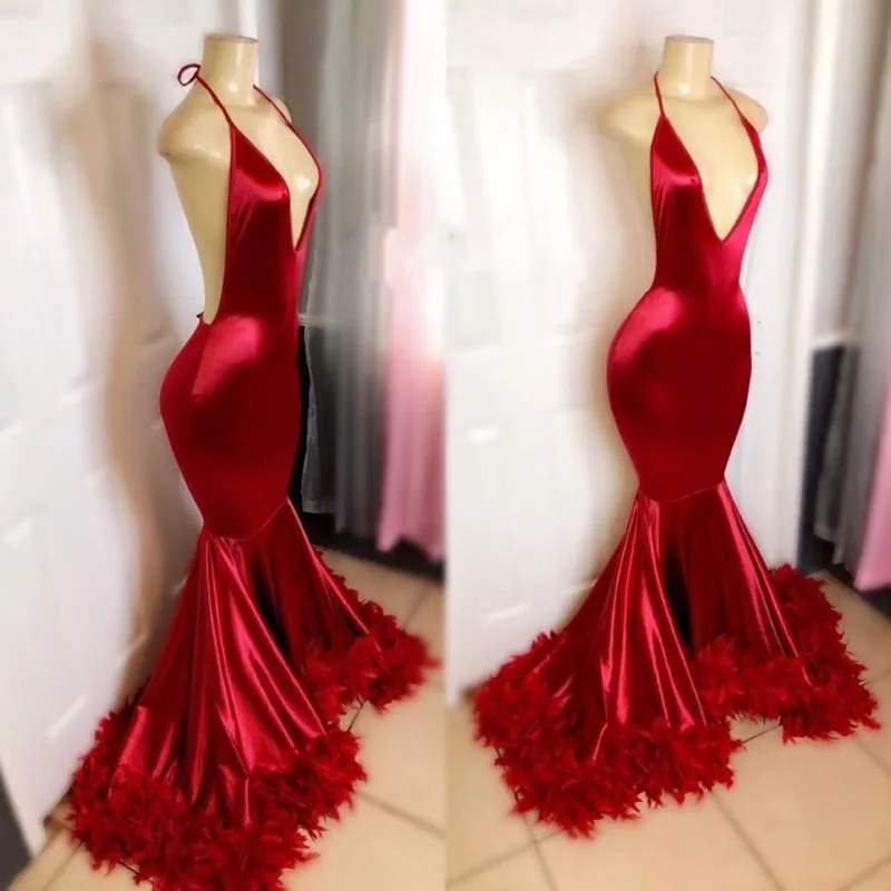 2020 Sexy Red Plunging V Neck African Prom Dresses With Feather Open Back Sweep Train Plus Size Formal Evening Gowns
2020 Sexy Red Plunging V Neck African Prom Dresses With Feather Open Back Sweep Train Plus Size Formal Evening Gowns