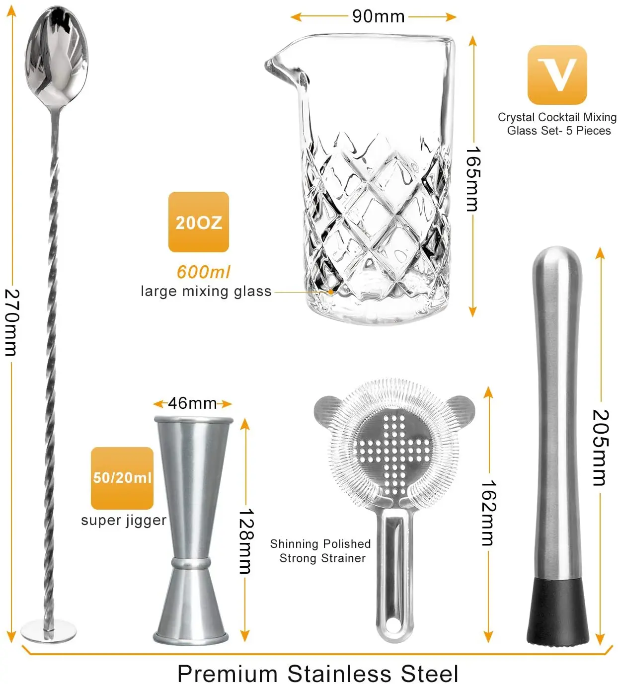 Cocktail Mixing Glass Set,Crystal Thick Bottom Glass,Spoon, Jigger,Strainer and Muddler,5 Pieces Cocktail Mixing Glass Kits
Cocktail Mixing Glass Set,Crystal Thick Bottom Glass,Spoon, Jigger,Strainer and Muddler,5 Pieces Cocktail Mixing Glass Kits