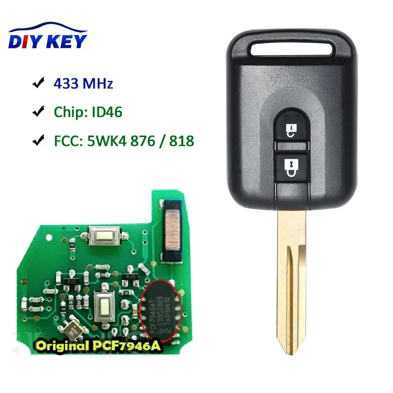 

DIYKEY 2 Button OEM Board Remote key Fob 433MHz ID46 for Nissan Elgrand X-TRAIL Qashqai Navara Micra Note NV200 5WK4 876/818