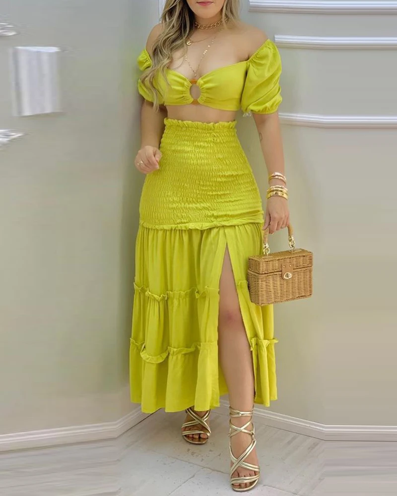 Elegant 2 Piece Set Women Outfits Crop Top & Frill Hem Shirred Slit Maxi Skirt Set Casual Sets Clothes Yellow Summer Sets
Elegant 2 Piece Set Women Outfits Crop Top & Frill Hem Shirred Slit Maxi Skirt Set Casual Sets Clothes Yellow Summer Sets