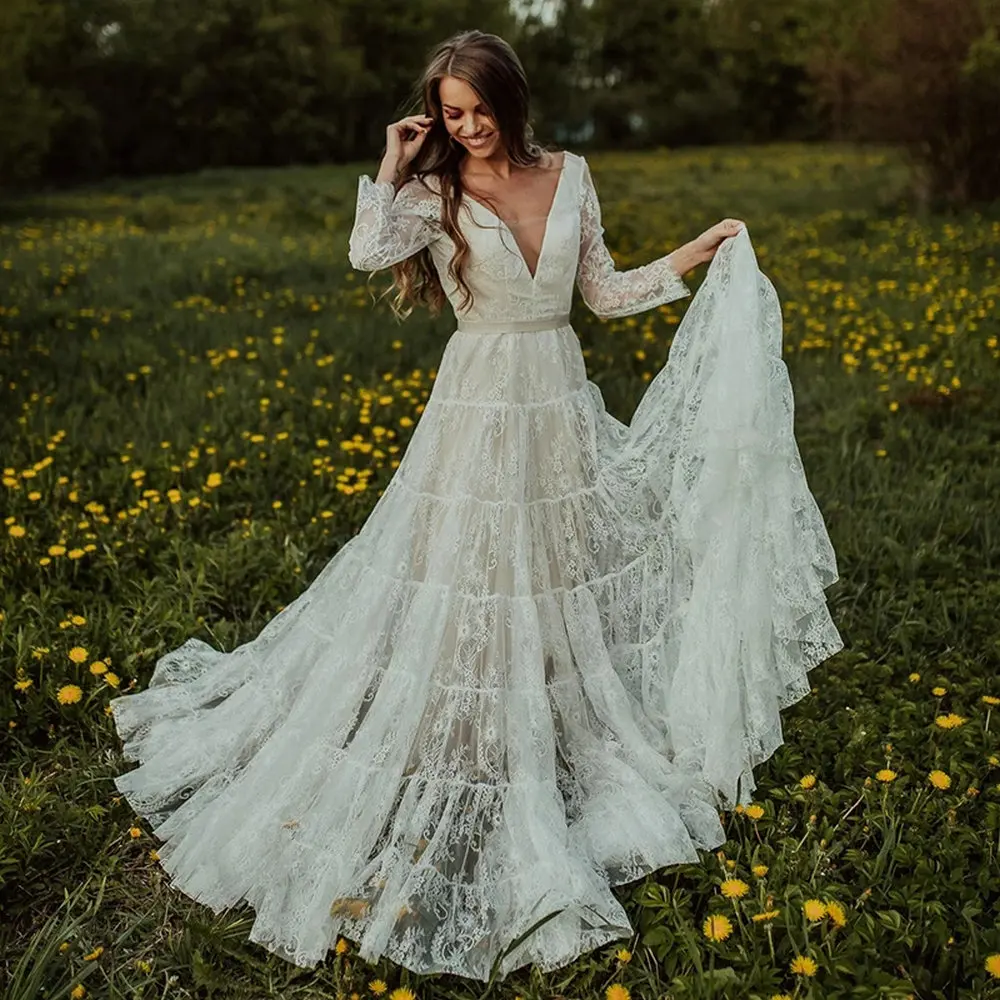 Tiered Lace Boho Long Sleeves Wedding Dress Open Back Deep V-Neck Ribbon Tulle Garden Beach A Line Nude 2021 Bridal Gowns
Tiered Lace Boho Long Sleeves Wedding Dress Open Back Deep V-Neck Ribbon Tulle Garden Beach A Line Nude 2021 Bridal Gowns