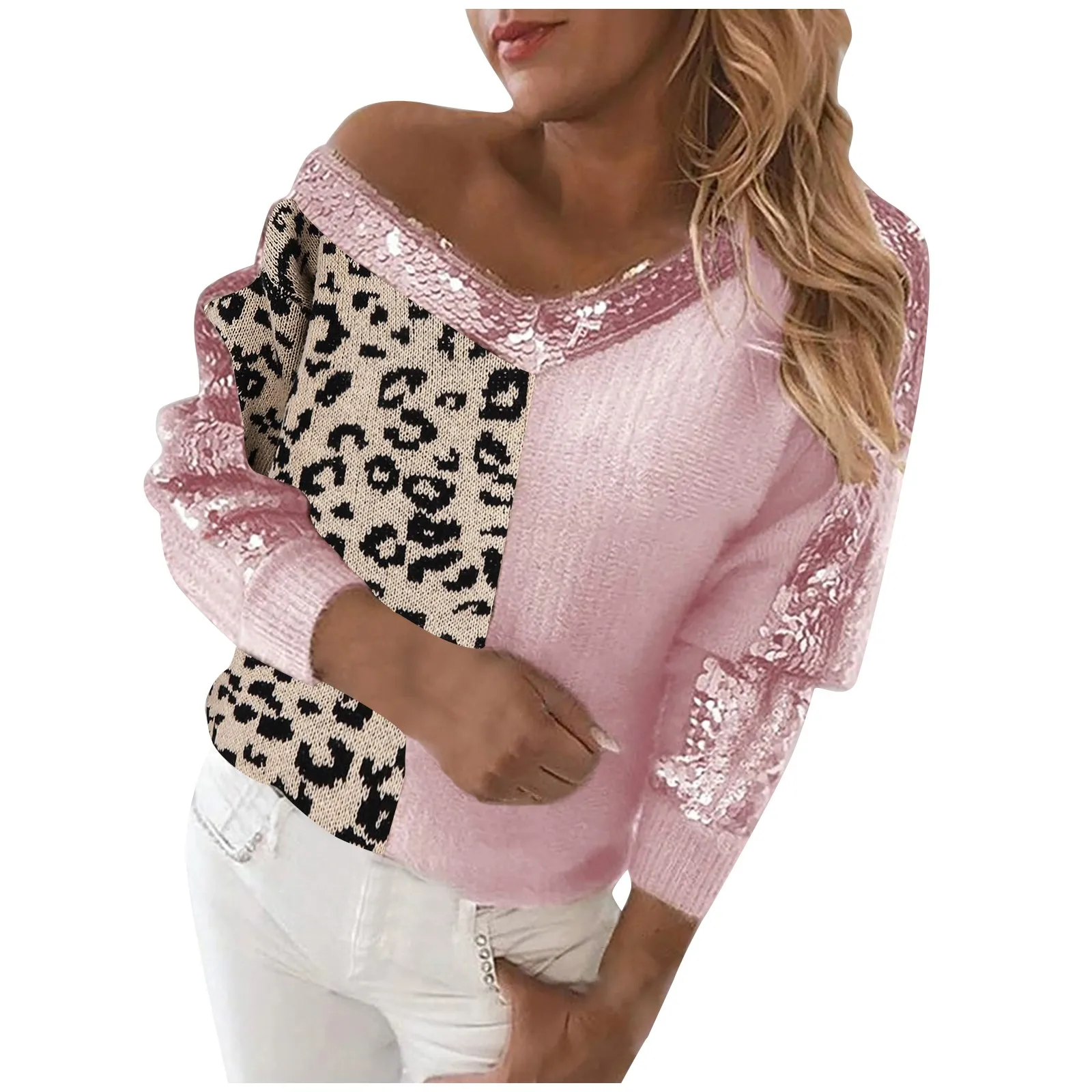 Women'S V Neck Sweater Tops Sequin Stitching Leopard Print Temperament Pullover Long Sleeved Casual Sweater Oversized
Women'S V Neck Sweater Tops Sequin Stitching Leopard Print Temperament Pullover Long Sleeved Casual Sweater Oversized