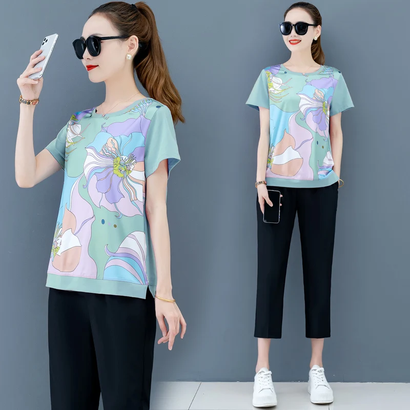 Summer Vintage Printing Plus Size Suit Casual Short Sleeved T Shirt Cropped Pants Two Piece Set Women Clohtes
Summer Vintage Printing Plus Size Suit Casual Short Sleeved T Shirt Cropped Pants Two Piece Set Women Clohtes