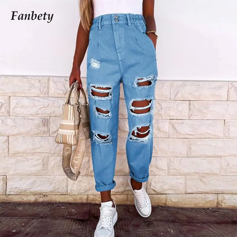 Fashion Elastic Waist Pocket Street Jean Trousers Women Casual Loose High Waisted Straight Jeans Street Ripped Hole Denim Pants
Fashion Elastic Waist Pocket Street Jean Trousers Women Casual Loose High Waisted Straight Jeans Street Ripped Hole Denim Pants