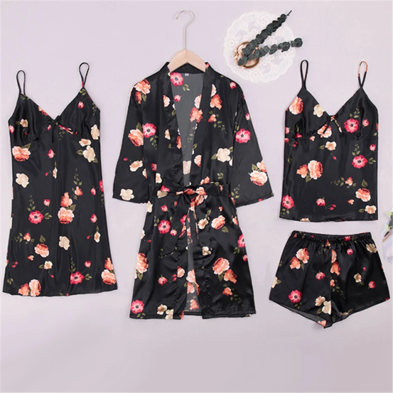 Ladies silk pajamas four-piece sexy v-neck suspender shorts printed casual home wear thin pajamas SP0029
Ladies silk pajamas four-piece sexy v-neck suspender shorts printed casual home wear thin pajamas SP0029