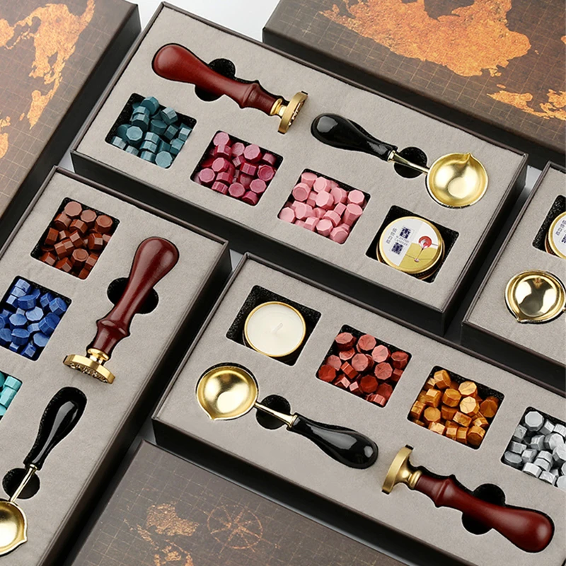 

6pcs/set DIY Wax Seal Map Gift Box Kit Detachable Stamp Spoon Set Sealing Beads Retro Wax Seal Wedding Packaging Gifts Y40