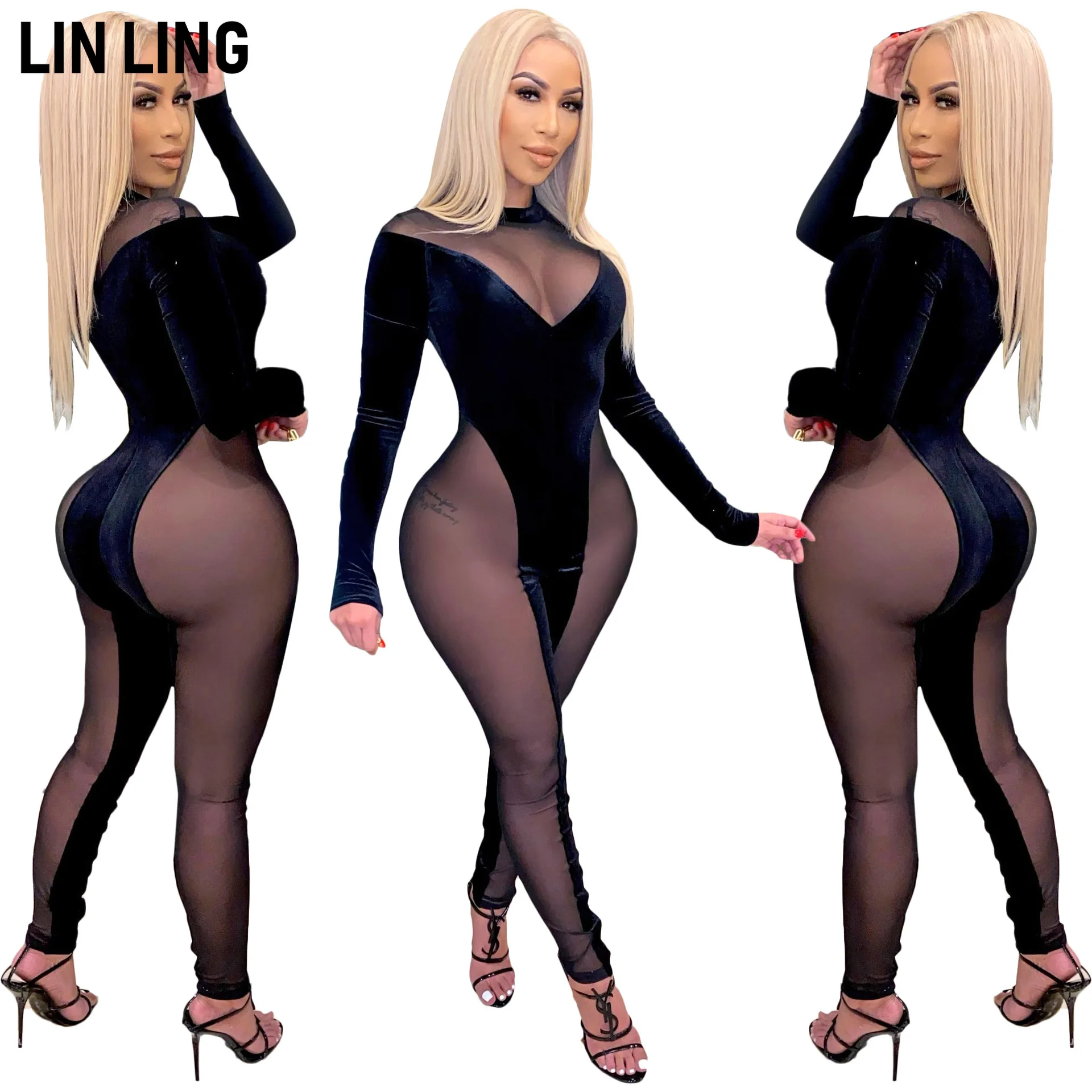 LINLING Black Tight Sexy Mesh Perspective Stitching Deep V High Neck Elastic Jumpsuit Night Club Hot Clothing
LINLING Black Tight Sexy Mesh Perspective Stitching Deep V High Neck Elastic Jumpsuit Night Club Hot Clothing