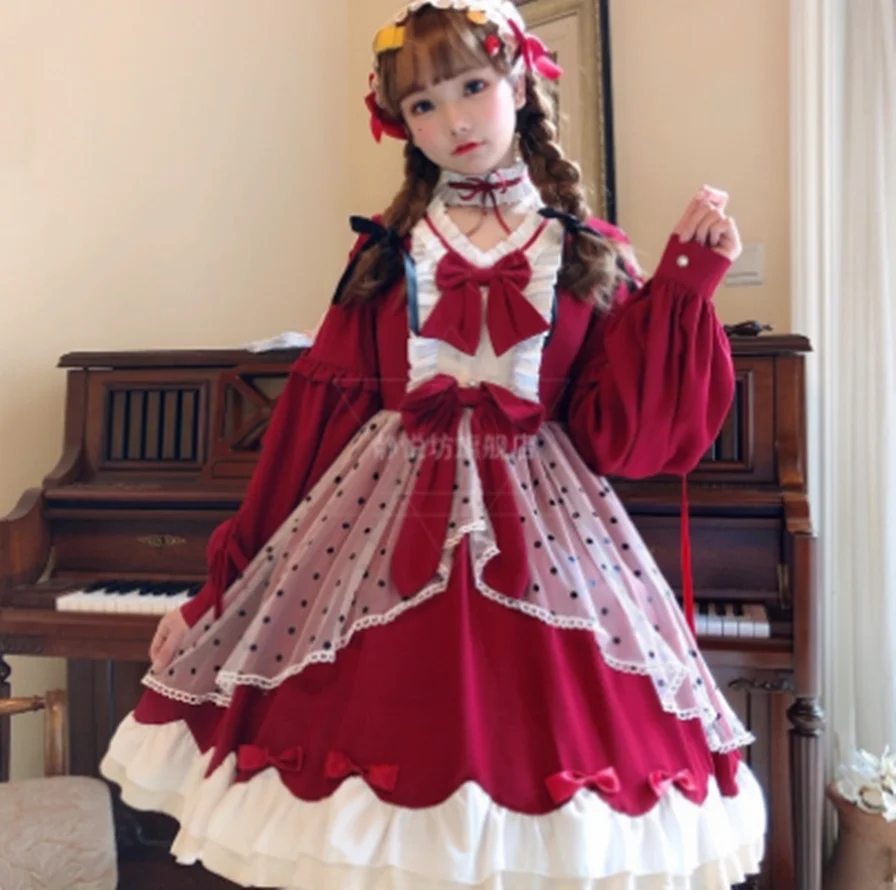 

kawaii girl gothic lolita op loli cos Palace princess sweet lolita dress vintage falbala cute bowknot high waist victorian dress